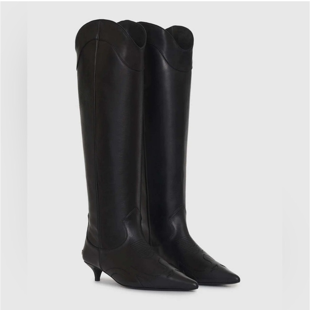 Anine Bing Tall Rae Boots Black Leather Western Kitten Heel 38